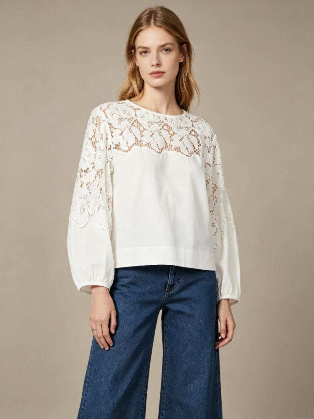 $455 NWOT See By Chloé Floral Lace Top Blouse Size 38 Deep Forest White Cotton